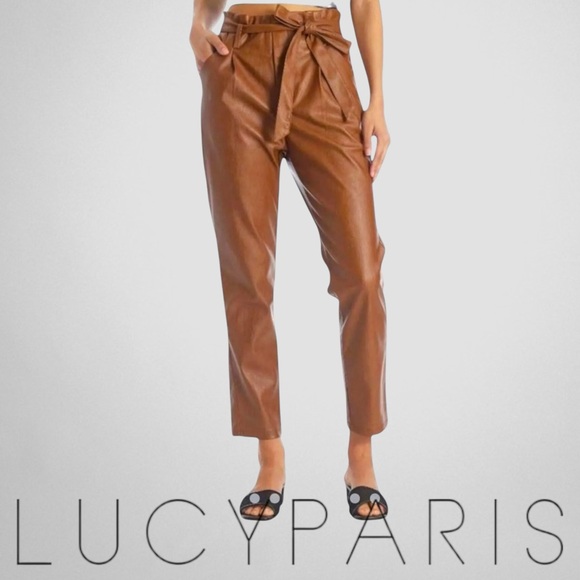 Lucy Paris Womens Faux Leather Paperbag-Waist Pants, Cognac, S - Picture 1 of 11